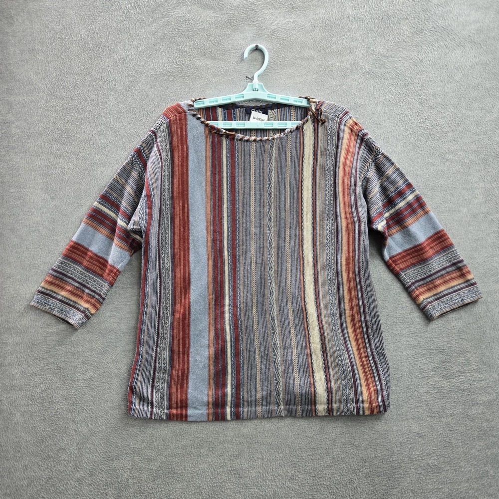 Chaps Denim Women Sweatshirt‎ L Blue Striped Boho 3/4 Sleeve